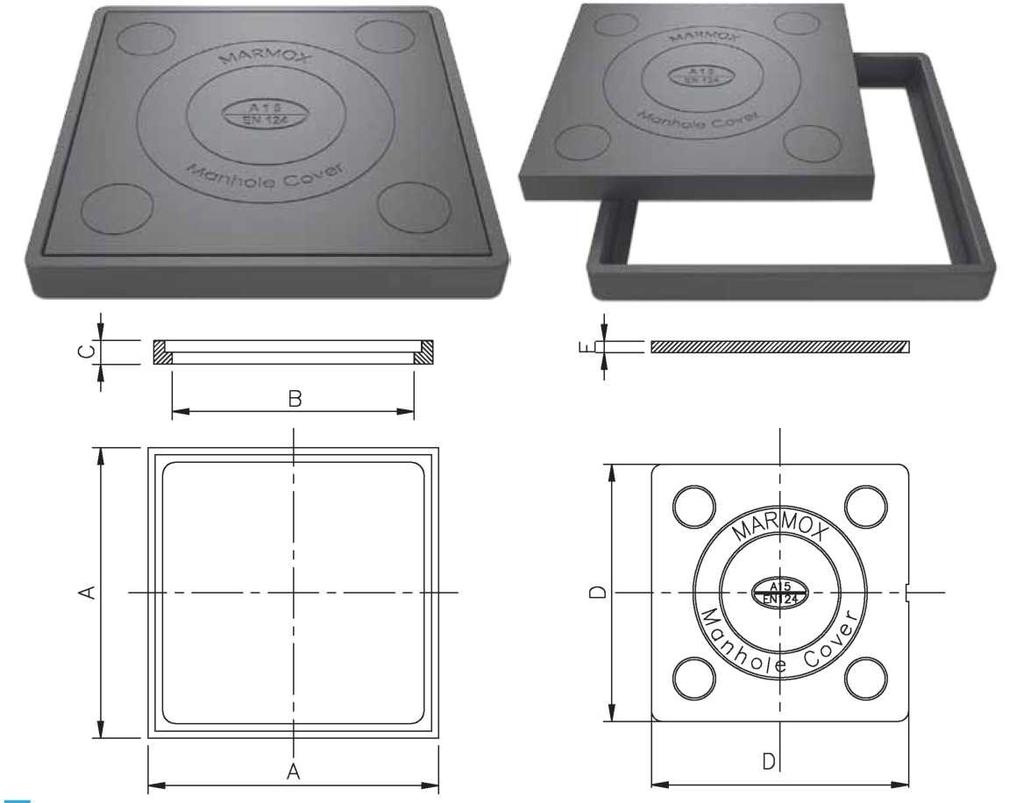A15 WLAZY KWADRATOWE - EN 124 Chodniki, place dla pieszych i rowerów, parkingi i miejsca parkingowe WYMIARY KORPUSU WYMIARY POKRYWY CIĘŻAR (kg) OPIS A x A (mm) B x B (mm) C (mm) D x D (mm) E (mm) A15
