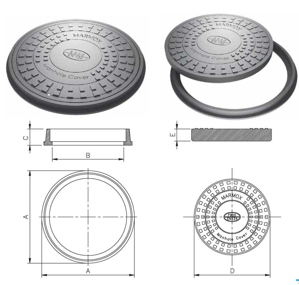E600 WŁAZY OKRAGŁE - EN 124 WYMIARY KORPUSU WYMIARY POKRYWY CIĘŻAR (kg) OPIS A (mm) B (mm) C (mm) D (mm) E (mm)