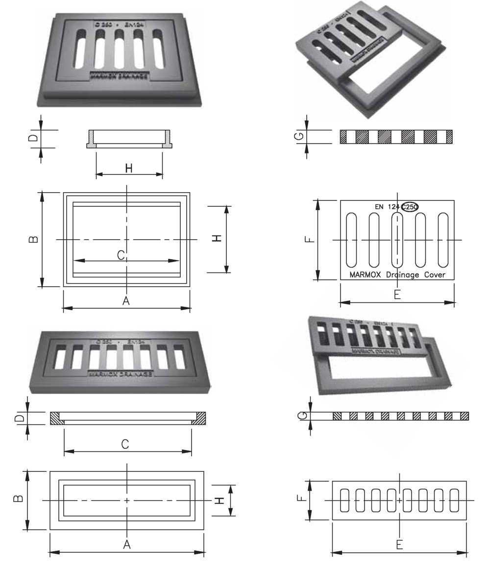 WPUST ULICZNY ŚCIEKOWY KLASA C250 WPUST LINIOWY KLASA B125 i C250 WYMIARY KORPUSU WYMIARY RUSZTU OPIS A (mm) B (mm) C (mm) H (mm) D (mm) E (mm) F (mm) G (mm)
