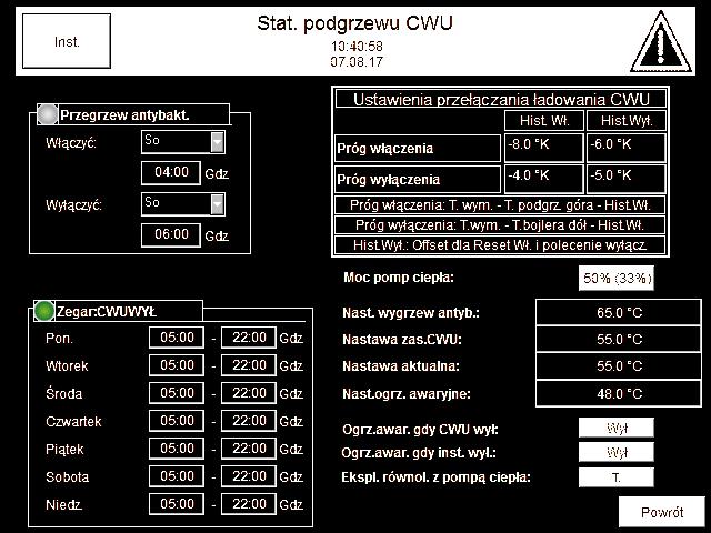 Podgrzew ciepłej wody użytkowej Ustawianie ciepłej wody użytkowej (ciąg dalszy) Dotknąć żądanego przycisku. Eksploatacja Status roboczy podgrzewu ciepłej wody użytkowej Tryb autom.