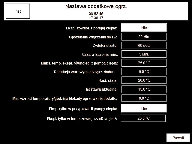 Wartość wymagana ogrzewania dodatkowego Dalsze nastawy Dotknąć poniższych przycisków: 1. å 2. Instalacja 3. Ogrz.dodatkowe 4. Wartość wymagana Rys. 17 Wyświetlane są następujące informacje: Ekspl.