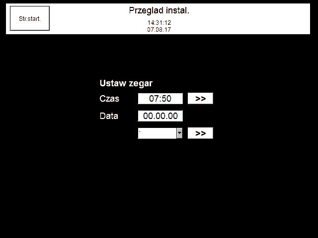 Dalsze nastawy Ustawianie godziny i daty Na Stronie startowej oraz na stronach Stan ogólny oraz Przegląd instalacji można dotknąć pola Godzina/data.