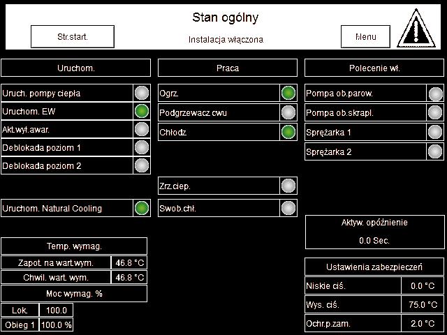 Stan ogólny Odczyty Dotknąć poniższych przycisków: 1. å 2. Stan ogólny Rys. 27 Zielony punkt informuje, że dany stan jest aktywny.