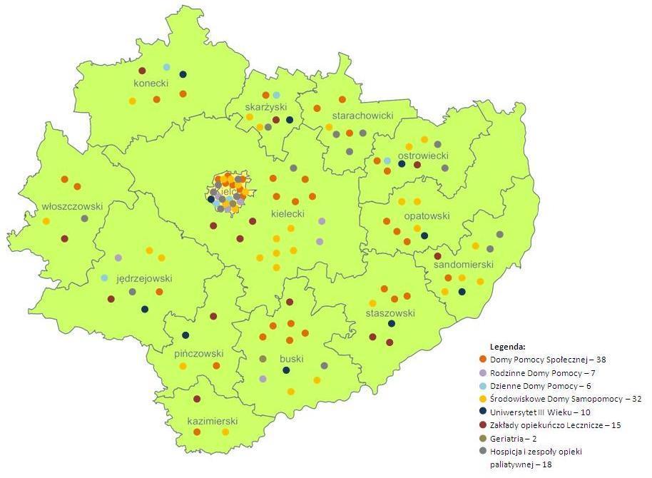 Mapa 21. Przestrzenne rozmieszczenie - infrastruktura dedykowana seniorom w województwie świętokrzyskim.