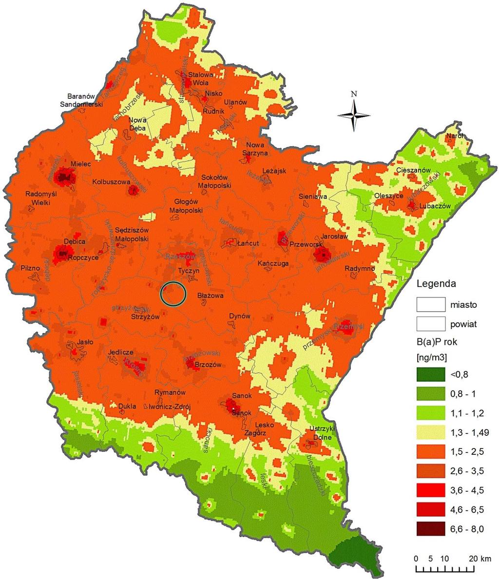 Wyniki pomiarów oraz modelowania rozkładu stężeń średniorocznych B(a)P w pyle zawieszonym PM10 wykazały przekroczenie poziomu docelowego (1 ng/m 3 ) na obszarze strefy podkarpackiej (mapa 9).