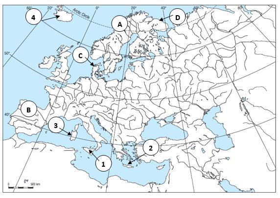 Zadanie 10. (0-3p.) Na mapie konturowej Europy, za pomocą liter od A do D, oznaczono półwyspy oraz za pomocą cyfr od 1 do 4 oznaczono wyspy.