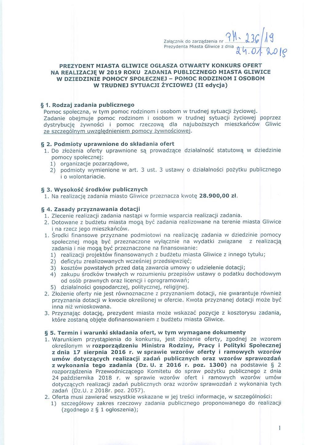 Załącznik do zarządzenia nr Prezydenta Miasta Gliwice z dnia Å Ű Í Pnezvoem' MIASTA G _1w1cE ogłasza otwar'ry koukuns ofer'r NA REAL1zAcJĘ w 2o19 Roku zadan1a 1='uB.