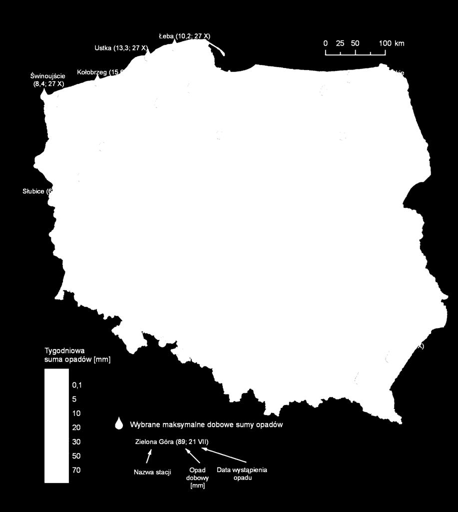 3. Rozkład tygodniowej sumy opadów oraz wybrane maksymalne