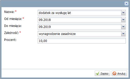 procent innego składnika, np. wynagrodzenia zasadniczego). 1. W sekcji Wynagrodzenie w miesiącu [ ] ponownie kliknij przycisk Dodaj i z rozwiniętego menu wybierz pozycję Dodatek. 2.