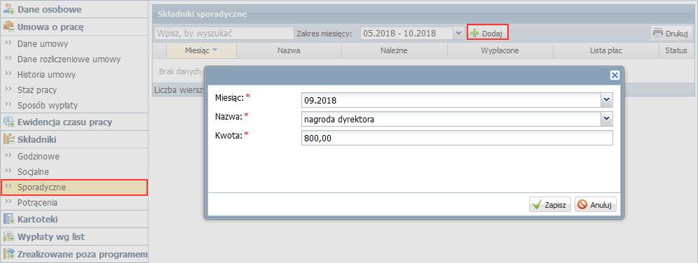 W kartotece pracownika przejdź na kartę Składniki/ Potrącenia. 2. Kliknij przycisk Dodaj i wypełnij formularz. W polu Nazwa wybierz potrącenie.