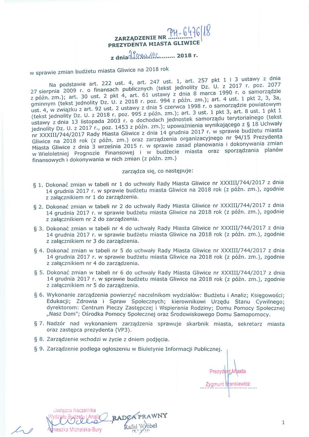 zarządze~1e ='REzYDa ~'ra MIASTA Guwzce z dna Êl.ÍS` 1l» MlQ.C... 2018 r. w sprawe zman budżetu masta Glwce na 2018 rok ' ; dna N t s tawe art. 222 ust. 4, a-t. 247 ust. 1, art.