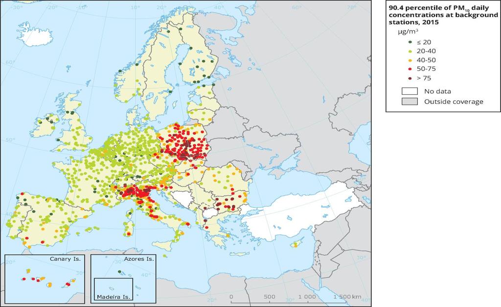 Koncentracja PM10 w Unii Europejskiej