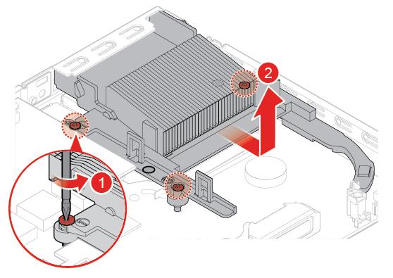 3. W razie potrzeby usuń wewnętrzny głośnik. Patrz Wymiana głośnika wewnętrznego na stronie 31. 4. Wyjmij wentylator systemowy. Patrz Wymiana wentylatora systemowego na stronie 33. 5. Wymień radiator.