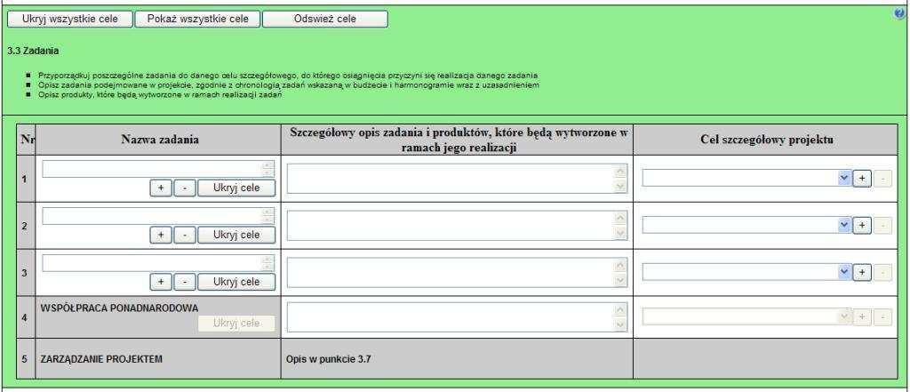 Zadania Przyciski sterujące ostatnią kolumną w tabeli Nazwy zadań w kolejności ich realizacji.