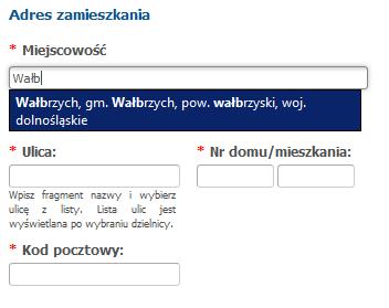 Adres zamieszkania kandydata Domyślnie w polu miejscowości pojawia się Wrocław.