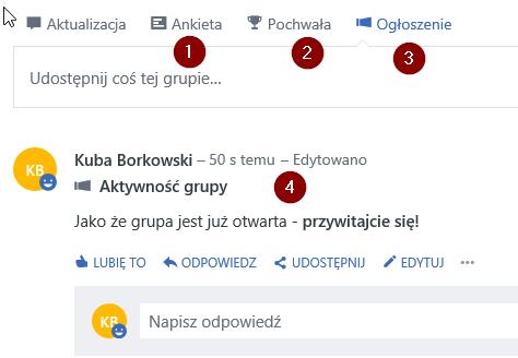 Oprócz tekstu (1) możemy korzystać z możliwości dodawania Gif ów (2) czy plików (z SharePoint a czy lokalnego dysku (3)).