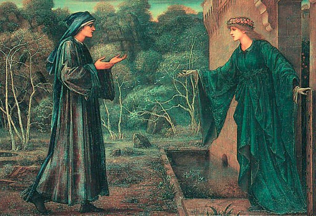 The Pilgrim at the Gate of Idleness (Pielgrzym u bram Bezczynności). Pielgrzym nie daje się omamić Bezczynności ukazanej pod postacią czarującej panny. Edward Burne-Jones, olej na płótnie, 1884 rok.