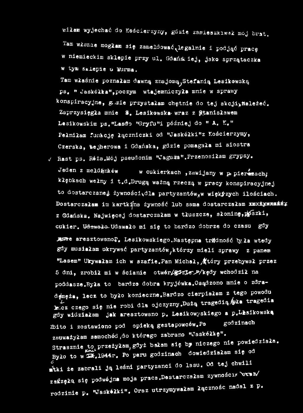 Jeden z meldunków w cukierkach,zawijany w p, piex4*ach; kłębkach wełny i t.d.drugą ważną rzeczą w pracy konspiracyjnej to dostarczanej, żywnościydla partyzantów*w większych ilościach.