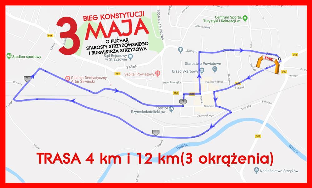 TRASA 4: 4 km Płaska ulicami Strzyżowa Słowackiego, Kilińskiego, Sanocka, Mała Obwodnica, 1- go Maja, 1000-lecia, Przekopna, Rynek, Daszyńskiego, Zawale, Rondo, Słowackiego Zawodników obowiązuje