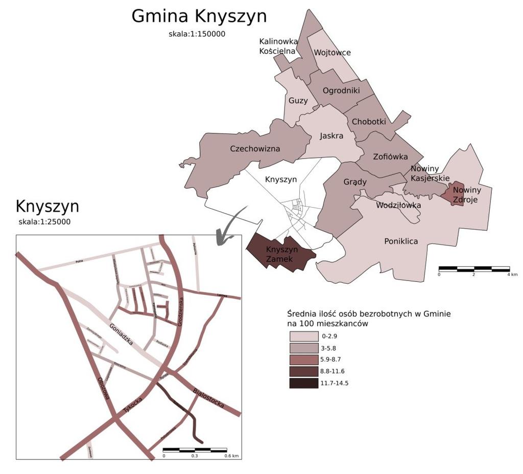 Ryc Średnia ilość osób bezrobotnych w Gminie Knyszyn zarejestrowanych w Powiatowym Urzędzie Pracy w Mońkach na mieszkańców, źródło: opracowanie własne Alarmujący jest fakt bardzo dużego udziału osób