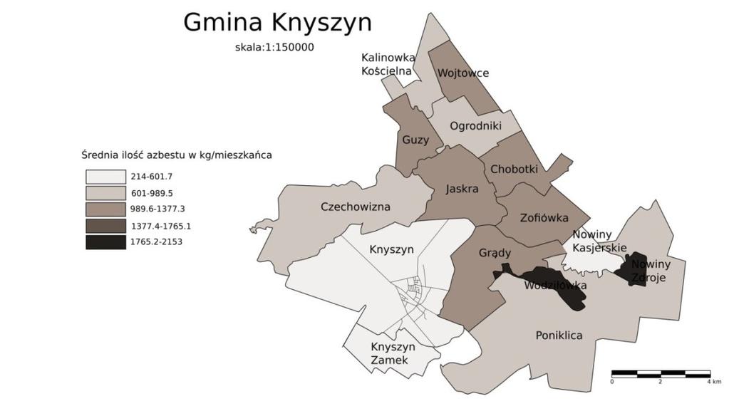 zdrowiu i życiu ludzkiemu, obszar całej Gminy Knyszyn uznaje się za obszar kryzysowy w sferze środowiskowej Tabela Średni poziom azbestu do unieszkodliwienia w Gminie Knyszyn Gmina Knyszyn Miasto