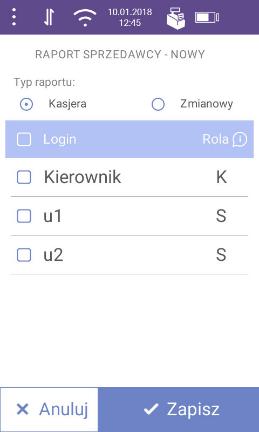 raportu, jaki ostatnio został zrobiony (zmianowy, kasjera) W celu wykonania raportu, należy nacisnąć przycisk Wykonaj nowy raport, zostanie wyświetlony ekran: Zaznacz wszystkich Typ raportu Rys. 6.