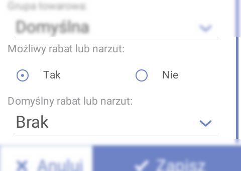 Grupa towarowa pozycja służy do wybrania w jakiej grupie towarowej będzie sprzedawany towar. W celu zmiany grupy towarowej należy nacisnąć na linię, gdzie jest wyświetlane domyślne ustawienie.