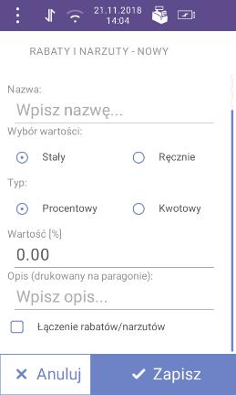 Nazwa grupy pozycja służy do wprowadzenia nazwy grupy towarowej. Nazwa może składać się maksymalnie z 40 znaków. W celu wprowadzenia nazwy grupy towarowej, należy nacisnąć na Wpisz nazwę.