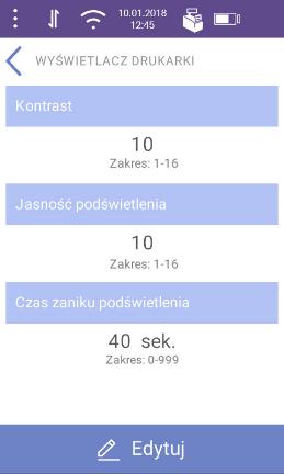 Po wybraniu pozycji Wyświetlacz zostanie wyświetlony ekran: Zmiana kontrastu Zmiana jasności Czas zaniku podświetlenia Edycja Rys. 10.