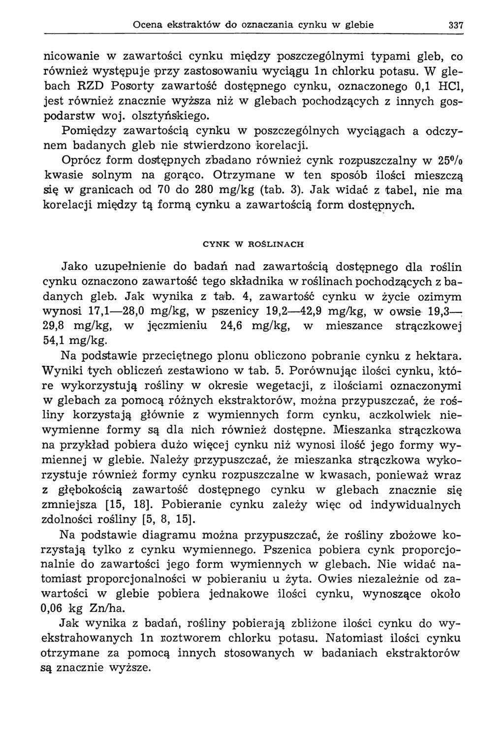 Ocena ekstraktów do oznaczania cynku w glebie 337 nicowanie w zaw artości cynku m iędzy poszczególnymi typam i gleb, co rów nież w ystępuje p rz y zastosow aniu w yciągu l n chlorku potasu.