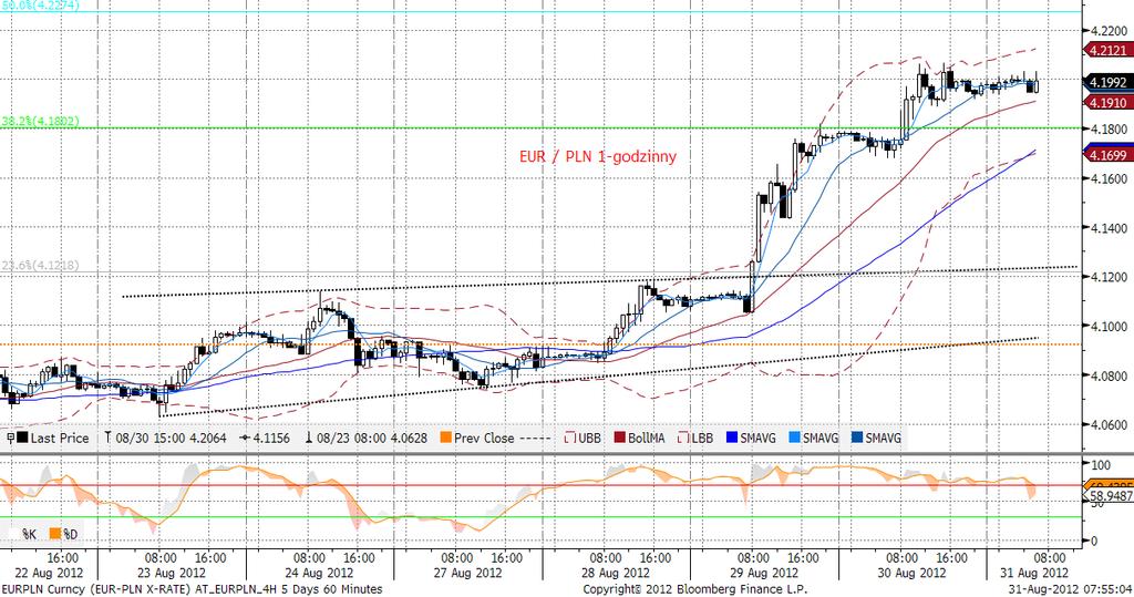 EURPLN technicznie Na wykresie dziennym możemy obserwować zmagania kursu z poziomem MA200. Jego przebicie będzie zapowiedzia kontynuacji dynamicznego ruchu deprecjacyjnego złotego.