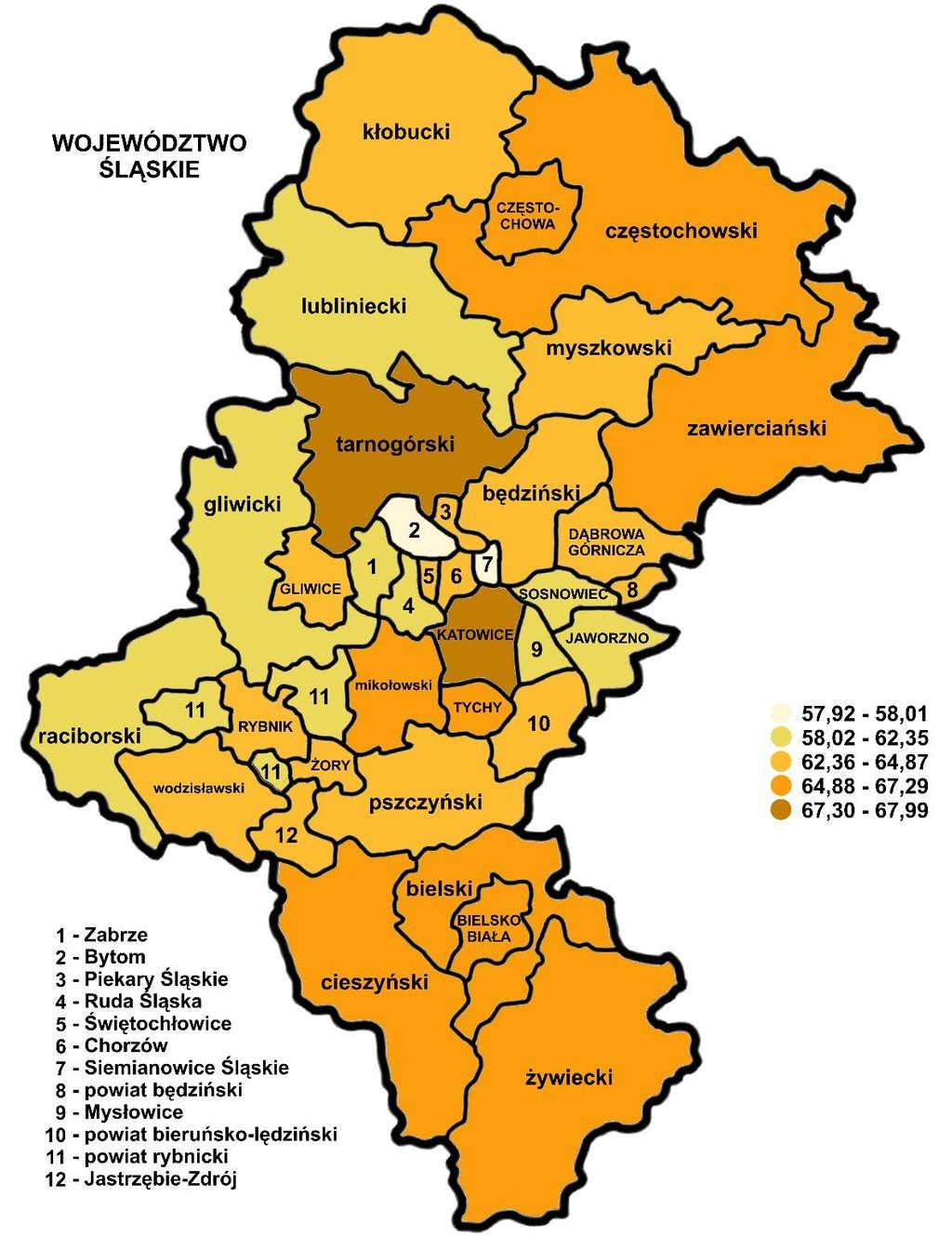 1. Wyniki (słuchaczy) z egzaminu z języka polskiego w powiatach i gminach w województwie śląskim W celu uporządkowania średnich wyników z egzaminu z języka polskiego zastosowano pięciostopniową skalę