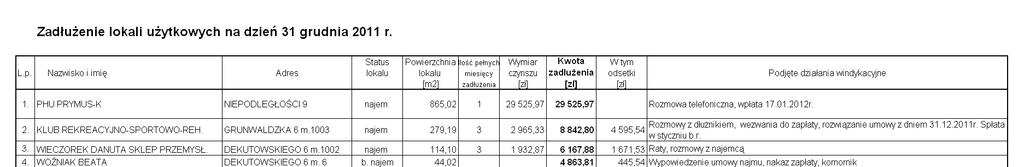 Status lokalu Zadłużenie lokali użytkowych z podziałem na typ lokalu. Grudzień 2010 r. Grudzień 2011 r.