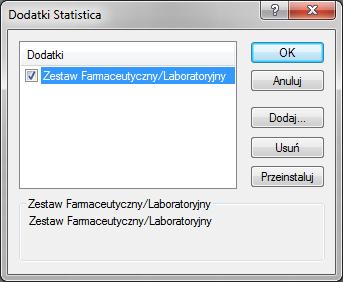 1.4. Deinstalacja W celu odinstalowania programu należy z menu Narzędzia wybrać Makro Dodatki Pojawi się okno Dodatki STATISTICA, należy zaznaczyć Zestaw