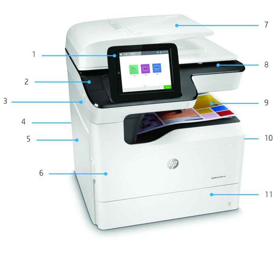 Przegląd produktu Przedstawiono urządzenie wielofunkcyjne HP PageWide Color MFP 9dn. Kolorowy obrotowy ekran dotykowy o przekątnej cali (0, cm). Gniazdo integracji sprzętu (HIP).