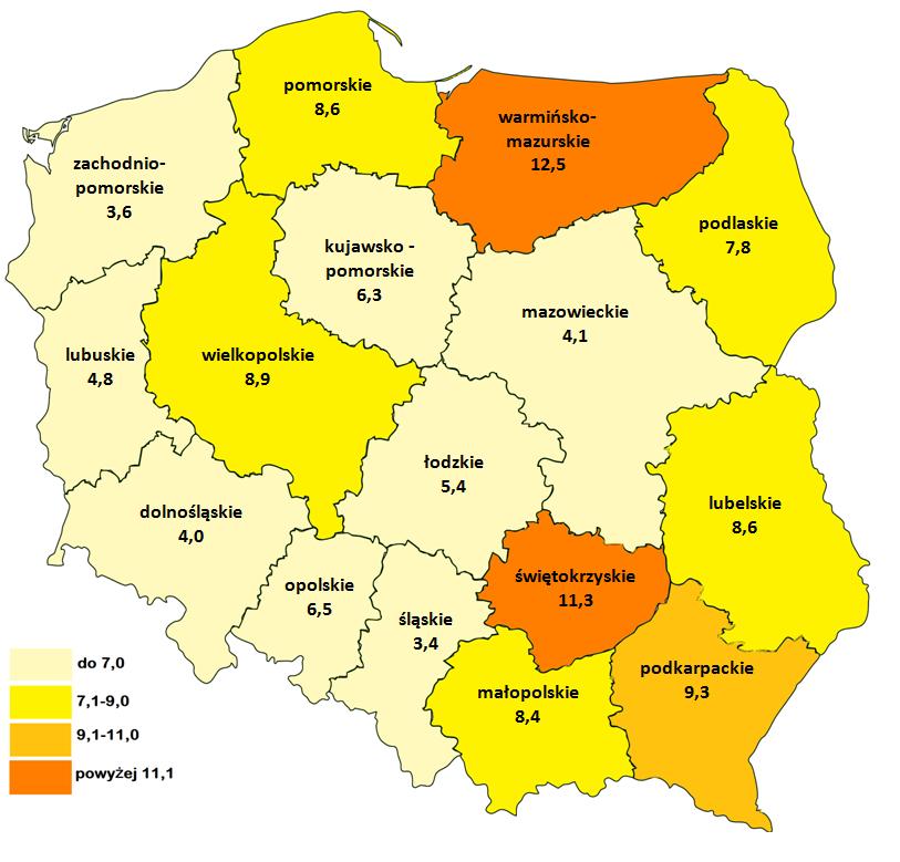 Mapa 1. Zasięg ubóstwa skrajnego w 2014 roku według województw (w % osób w gospodarstwach domowych.