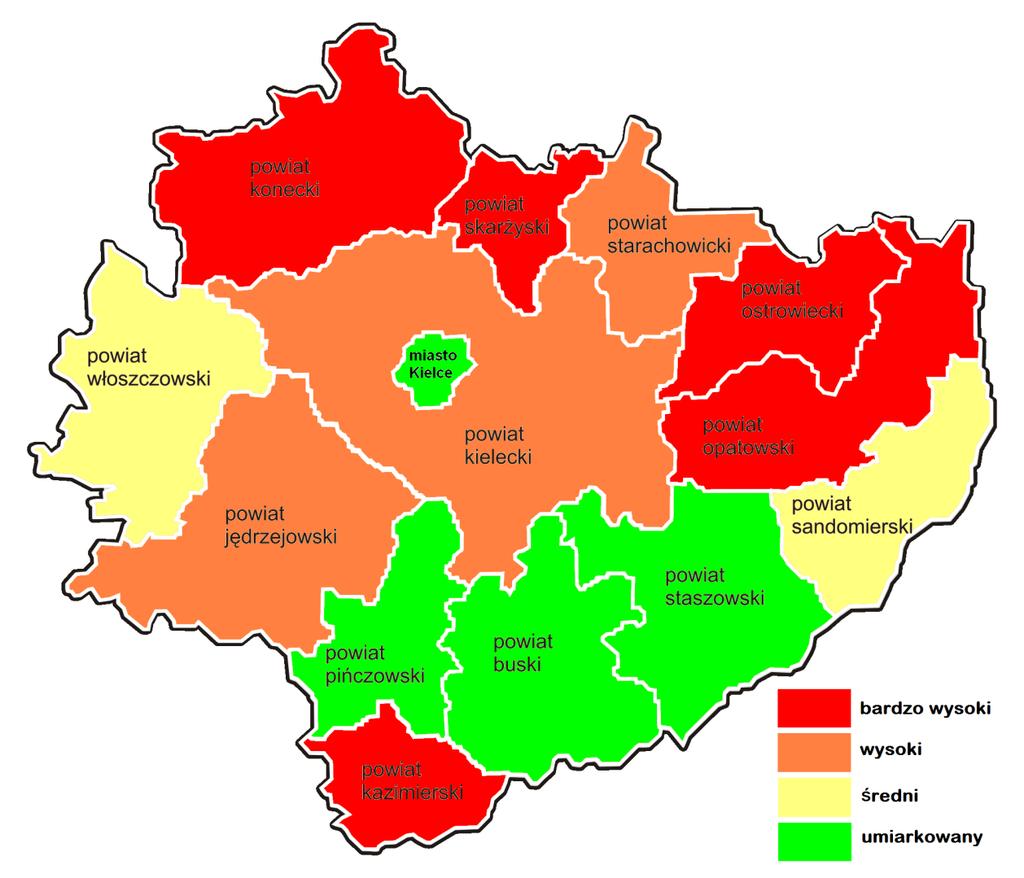 Mapa 2. Poziom zagrożenia ubóstwem w powiatach województwa świętokrzyskiego w 2015 roku. Źródło: Opracowanie własne Regionalnego Ośrodka Polityki Społecznej.