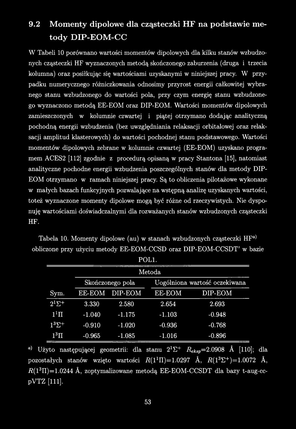 9.2 Momenty dipolowe dla cząsteczki HF na podstawie metody D IP-EO M -CC W Tabeli 10 porównano wartości momentów dipolowych dla kilku stanów wzbudzonych cząsteczki HF wyznaczonych metodą skończonego