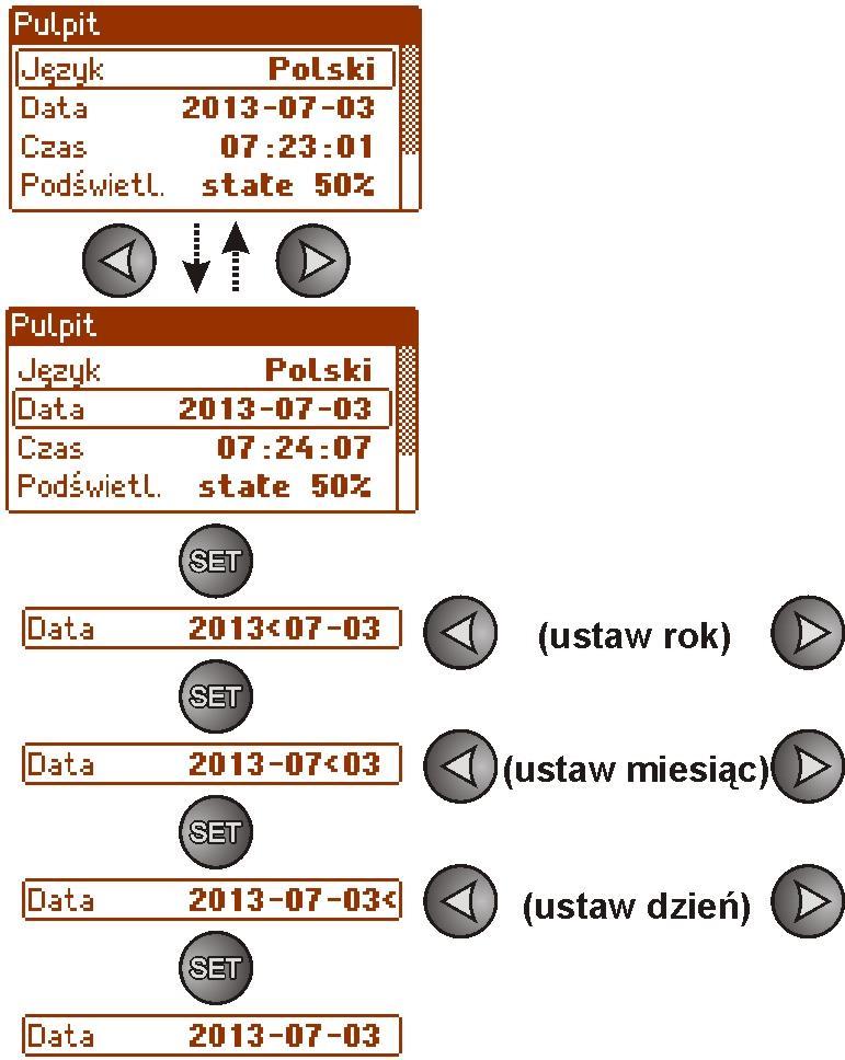 Ustawienie daty. Funkcja Data w menu PULPIT umożliwia ustawienie właściwej daty według której będą zapisywane komunikaty zdarzeń czy historia pracy zasilacza.