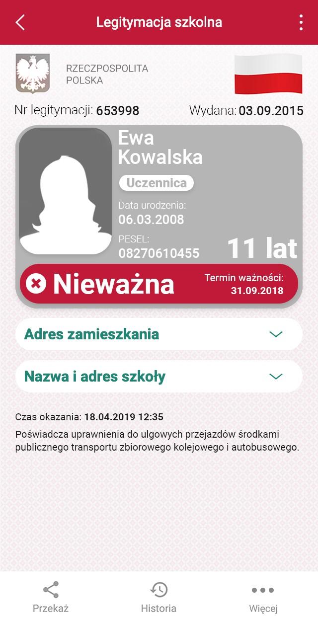 Wzór nr 12 Wizualizacja danych nieważnej mlegitymacji szkolnej dla uczniów szkół podstawowych i ponadpodstawowych dla dzieci i młodzieży oraz słuchaczy branżowych szkół II stopnia, szkół policealnych