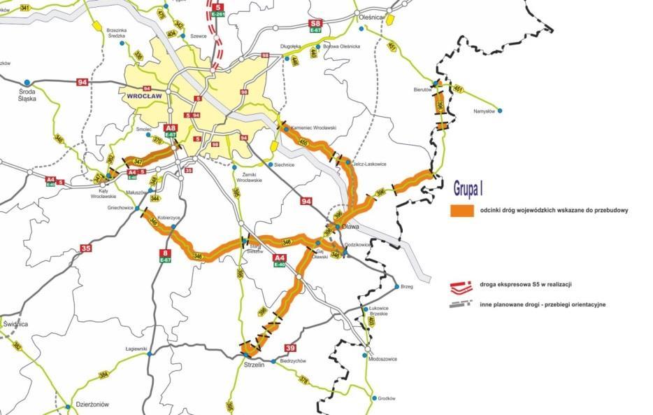 Drogi wojewódzkie województwo dolnośląskie 109,3 km Dróg wojewódzkich do przebudowy 187,45 km Dróg wojewódzkich