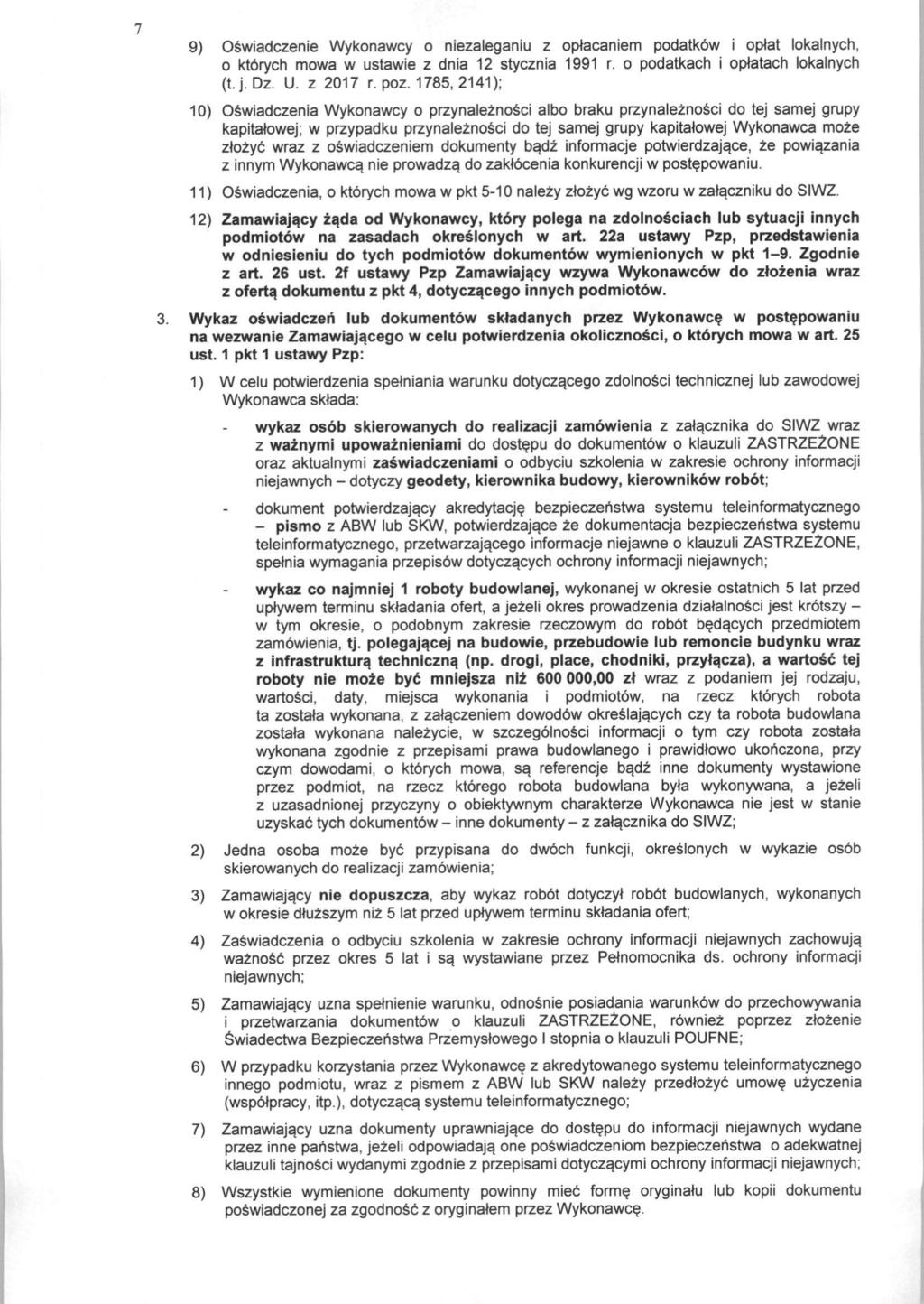 9) Oswiadczenie Wykonawcy o niezaleganiu z oplacaniem podatkbw i oplat lokalnych, o ktbrych mowa w ustawie z dnia 12 stycznia 1991 r. o podatkach i oplatach lokalnych (t.j. Dz. U. z 2017 r. poz.