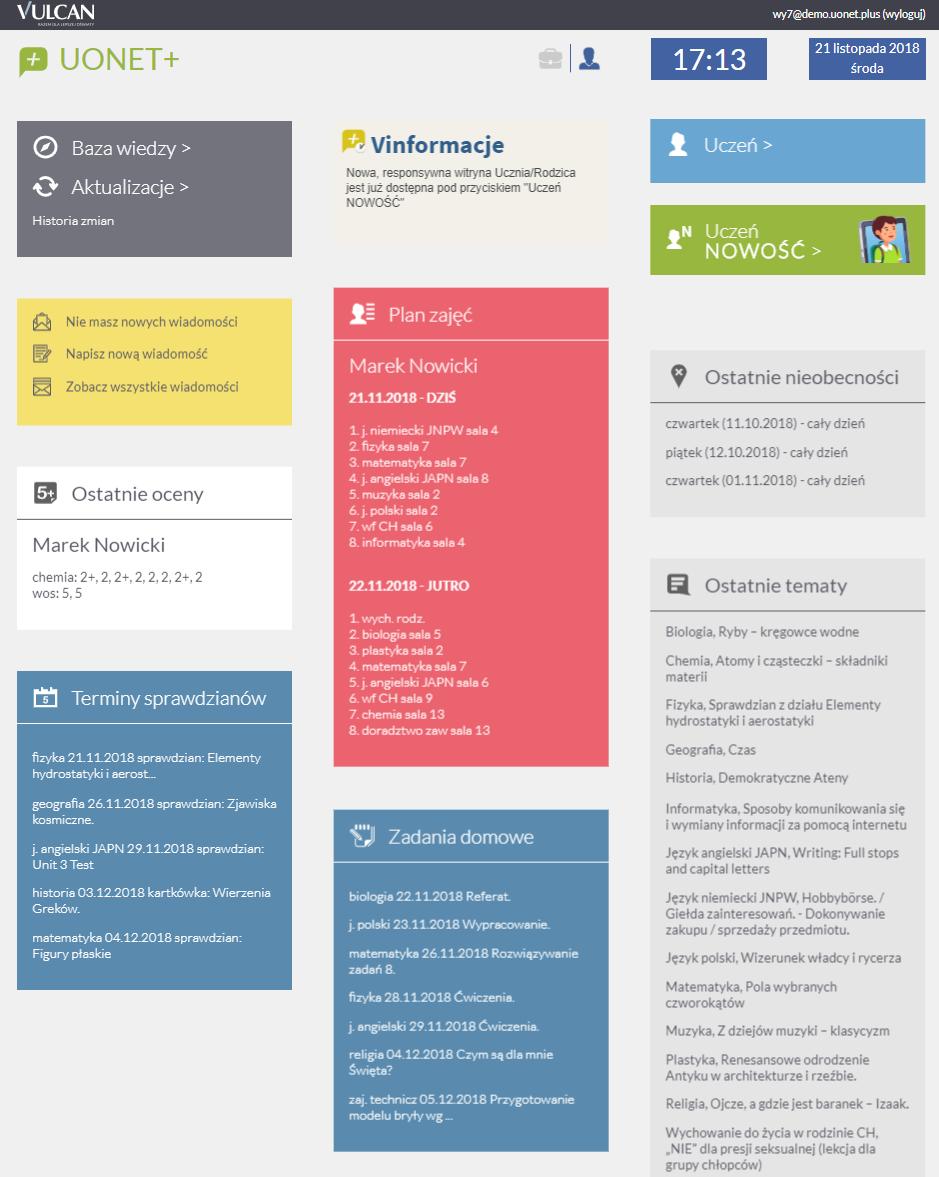 Podstawowe informacje o module Uczeń Zarówno rodzice jak i uczniowie nie mają uprawnień do edytowania informacji zawartych w module. Wyjątek stanowią Wiadomości.