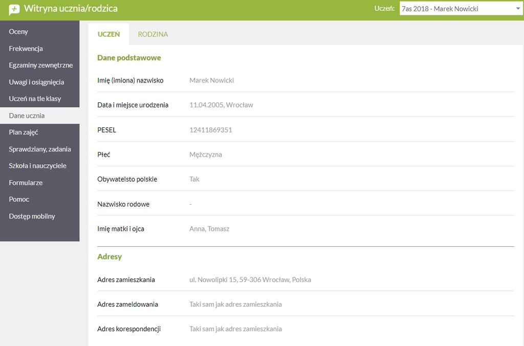 Przeglądanie informacji o uczniu Korzystanie z karty Dane ucznia Użytkownik może zobaczyć dane osobowe ucznia oraz informacje na temat jego opiekunów.