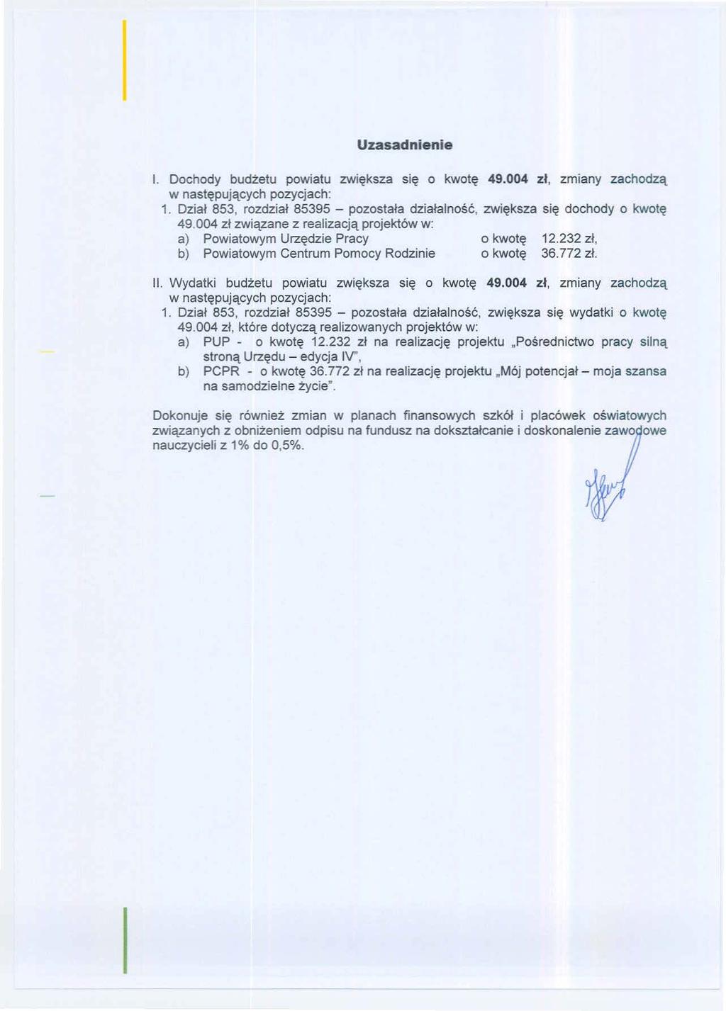 Uzasadnene l. Dchdy budżetu pwatu zwększa sę kwtę 49.004 z, zmany zachdzą w następujących pzycjach: 1. Dza 853, rzdza 85395 - pzstaa dzaalnść, zwększa sę dchdy kwtę 49.