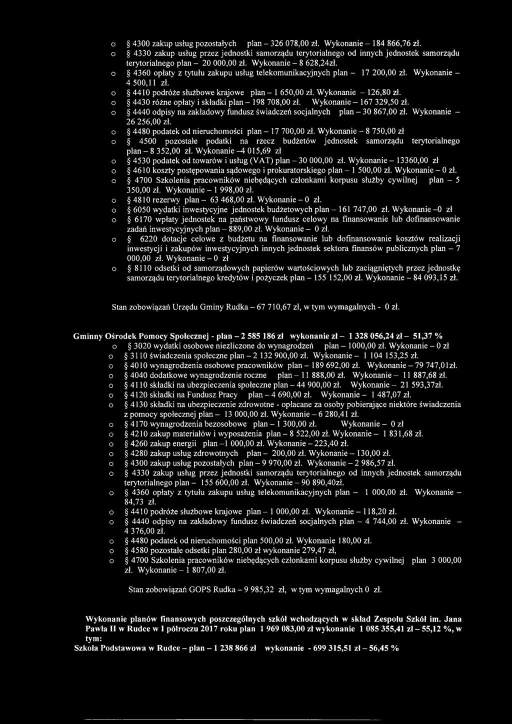 o 4360 opłaty z tytułu zakupu usług telekomunikacyjnych plan - 17 20 zł. Wykonanie - 4 500,11 zł. o 4410 podróże służbowe krajowe plan - 1 65 zł. Wykonanie - 126,80 zł.