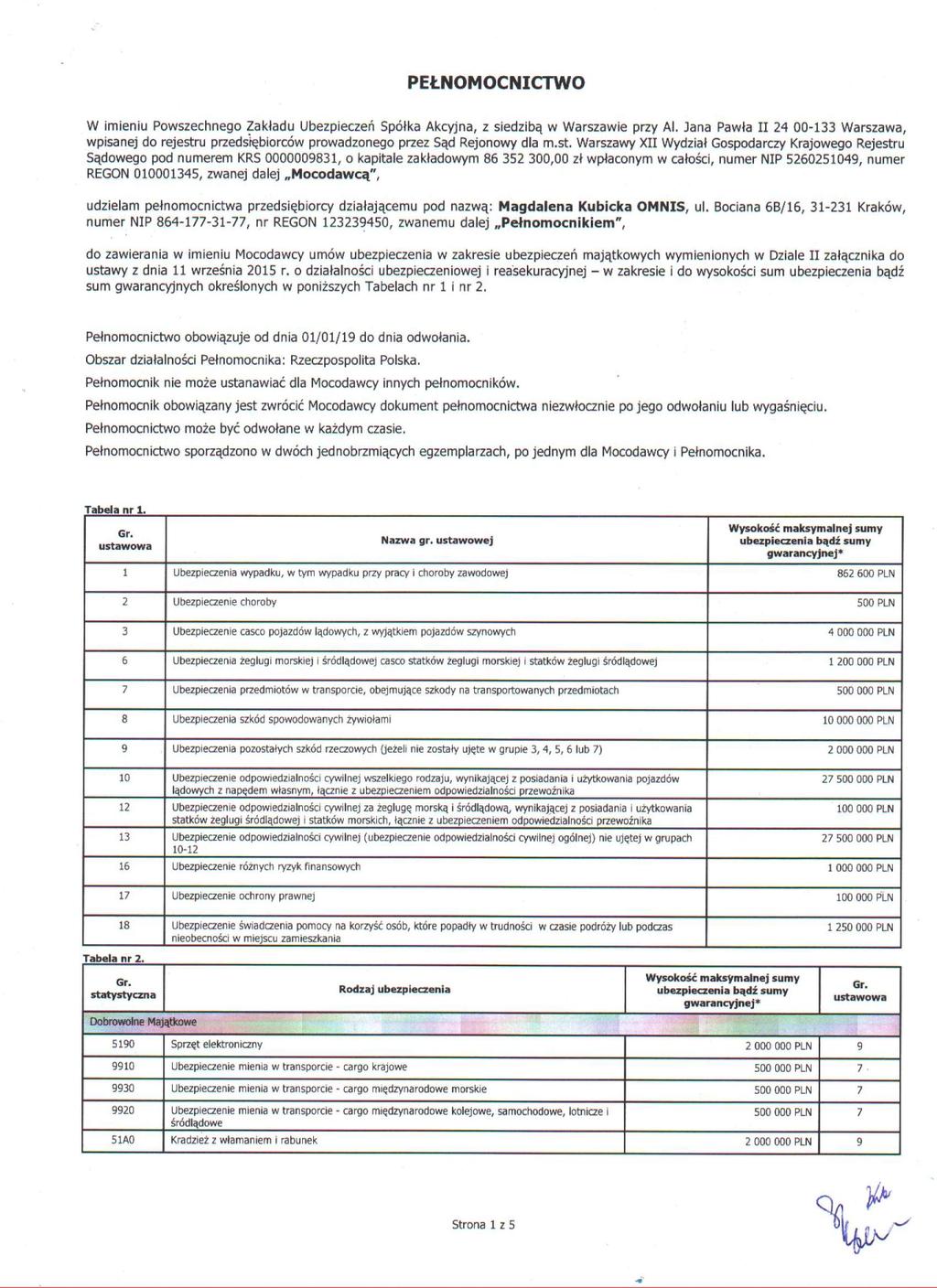 PEŁNOMOCNICTWO w imieniu Powszechnego Zakładu Ubezpieczeń Spółka Akcyjna, z siedzibą w Warszawie przy Al.