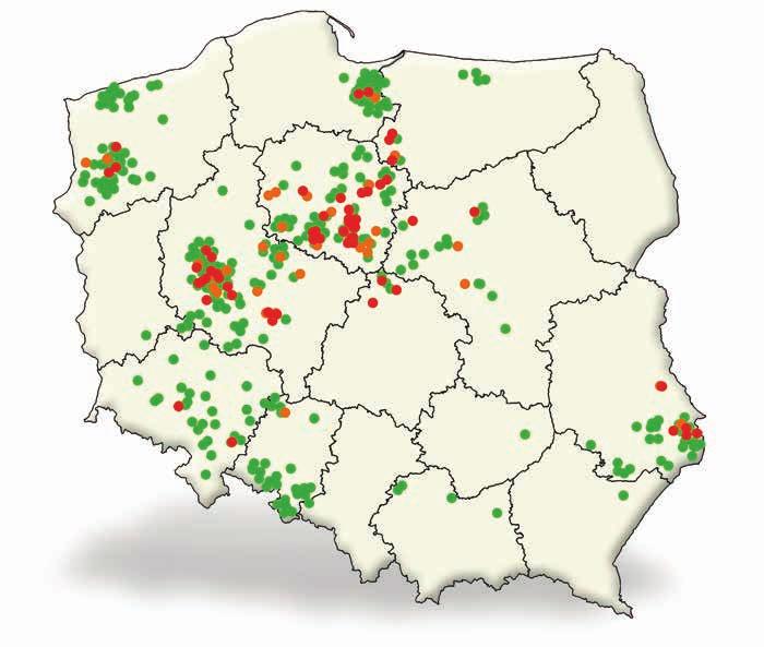 Występowanie mątwika burakowego w Polsce w latach 2016-2018. Mapa 1. Legenda Przekroczony próg szkodliwości (powyżej 500 żywych jaj larw H.