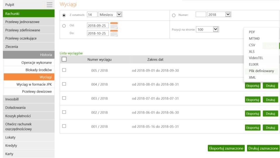 Przez zaznaczenie w pierwszej kolumnie kwadratów wyboru przy wybranym/każdym wyciągu możliwy jest wydruk lub eksport jednego/wielu wyciągów jednocześnie.