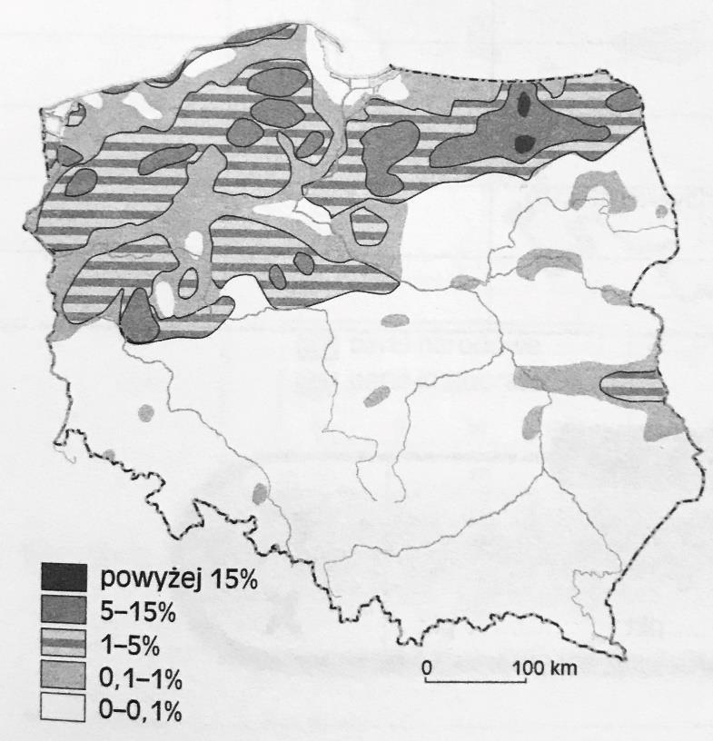 3. (0 3p.) Poniżej znajduje się mapa przedstawiająca odsetek powierzchni zajmowanej przez jeziora w Polsce. Wykonaj następujące polecenia: a) (0-1p.